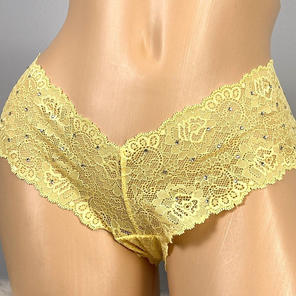 Vintage Delicates Yellow Lace Cheeky Panty Size 7 Rhinestone Low Rise Y2K